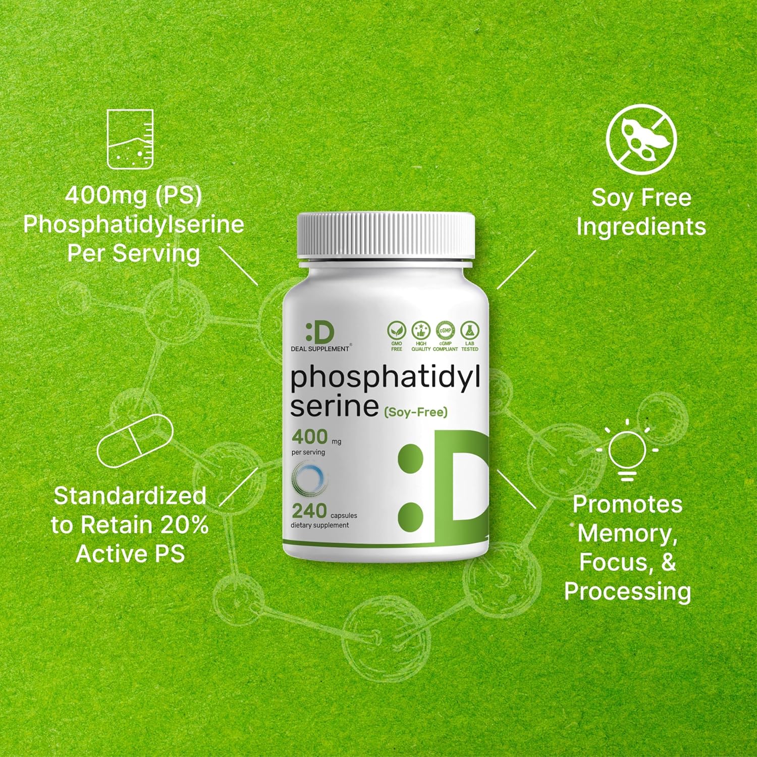 Fosfatidilserina 400mg, 240 Cápsulas – Lecitina de Girasol Sin Soja