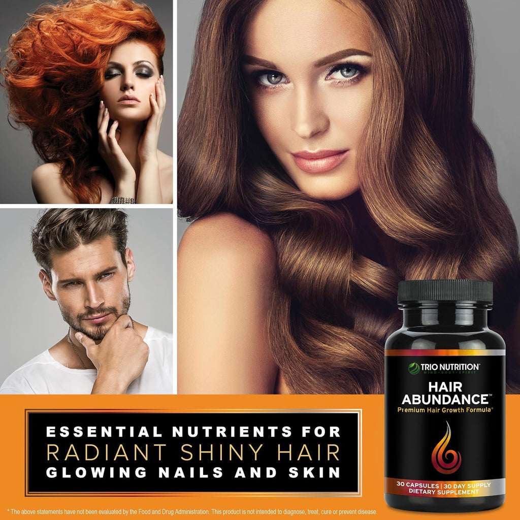 TRIO NUTRITION Hair Abundance | Suplemento de Biotina 10000mcg con Colágeno, Keratina, Zinc y Selenio