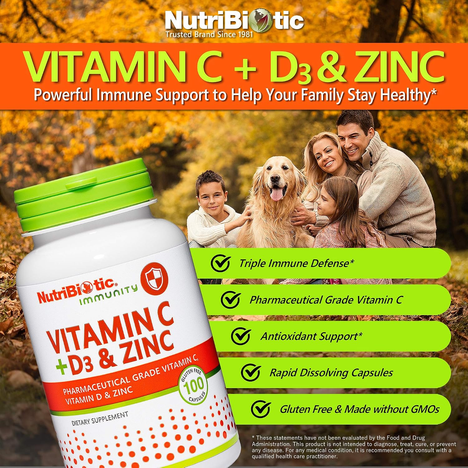 NutriBiotic – Vitamina C + Vitamina D3 y Zinc, 100 Cápsulas | Apoyo Inmunitario Potente