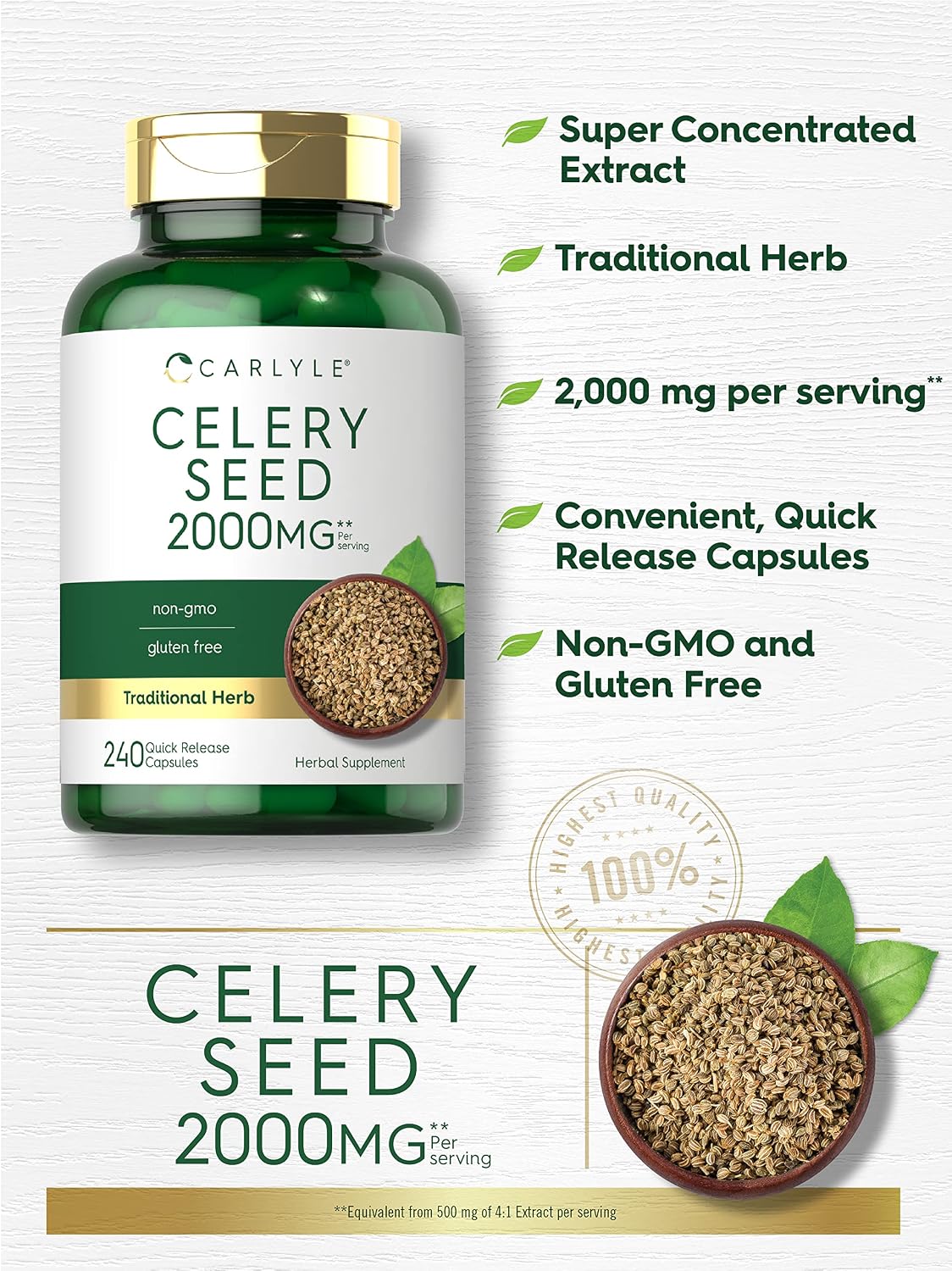 Carlyle Celery Seed Extract Capsules - 240 cápsulas - Suplemento herbal tradicional - Sin OGM y sin gluten