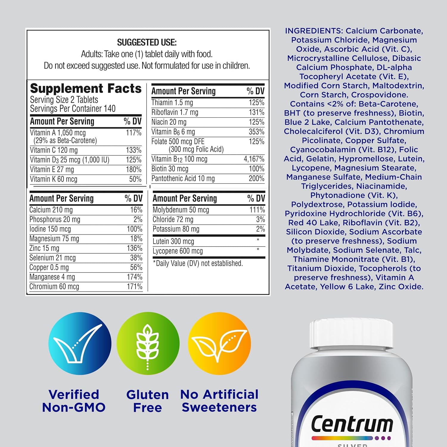 Centrum Silver Multivitamínico para Hombres Mayores de 50 Años con Vitamina D3, Vitaminas B y Zinc - 200 Comprimidos
