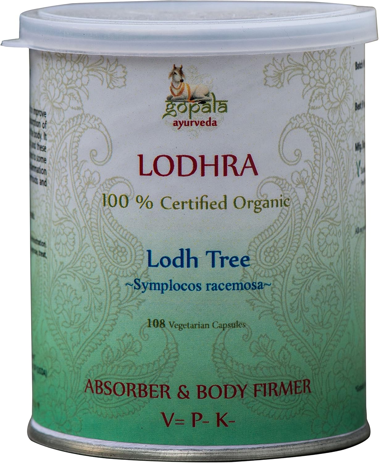 Gopala Ayurveda Lodhra Cápsulas (Symplocos racemosa) - 108 Cápsulas Vegetales de 500 mg - Certificado Orgánico USDA - Vegano - Firmeza Corporal y Absorbente