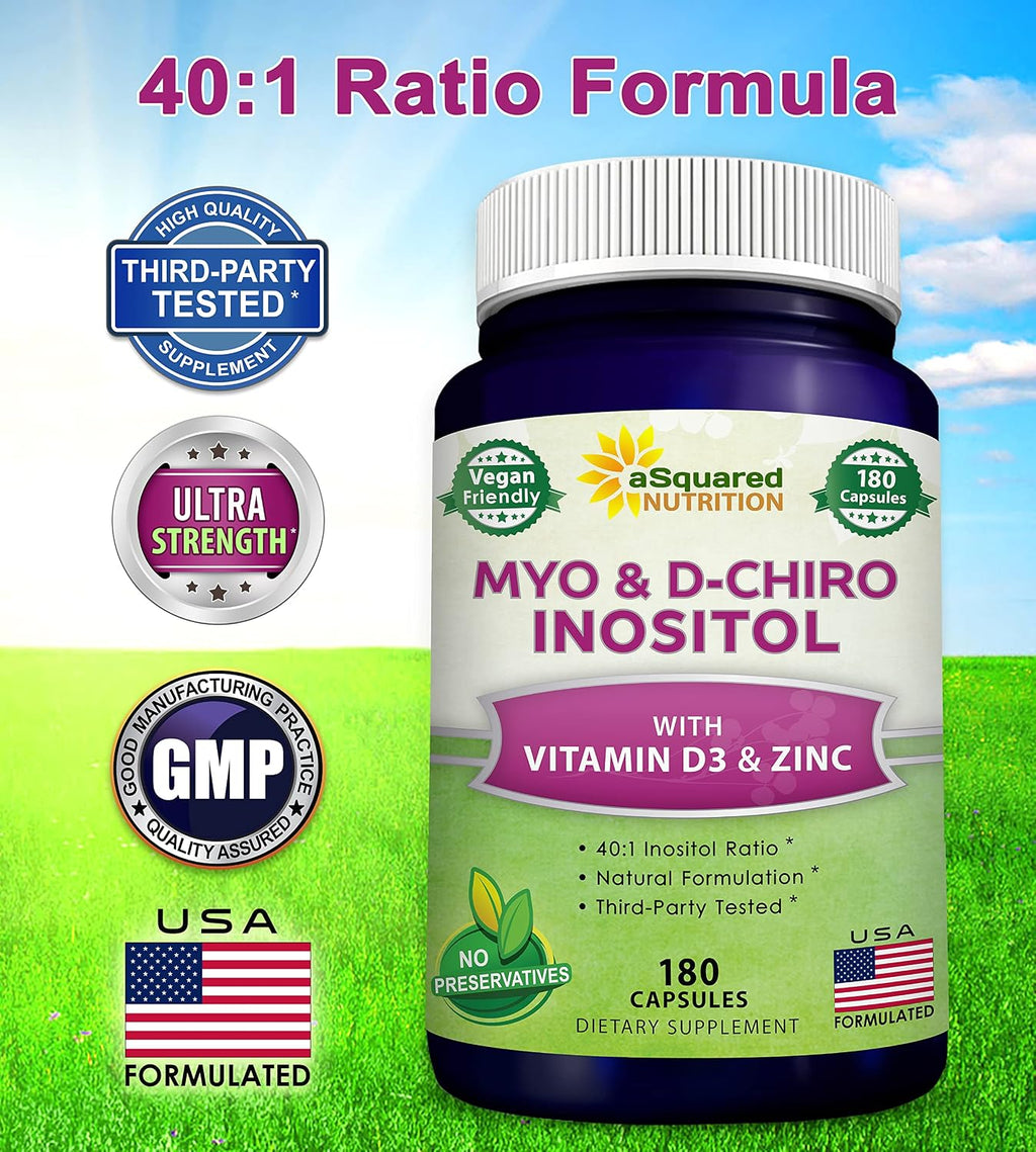aSquared Nutrition Myo-Inositol & D-Chiro Inositol 40:1 con Vitamina D3 y Zinc - 180 Cápsulas