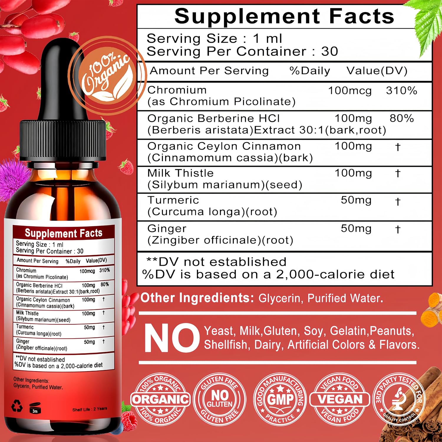 Berberine Drops 6-en-1 de Vita letuo - Complejo Líquido de Berberina con Canela, Cardo Mariano y Cúrcuma, 30 Dosis