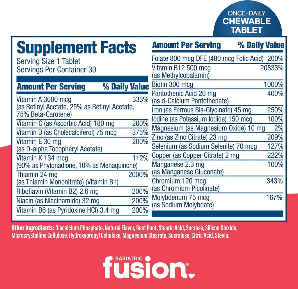Bariatric Fusion One Per Day Multivitamínico Bariátrico con Hierro Masticable - Sabor Cítricos Bayas - 30 Comprimidos