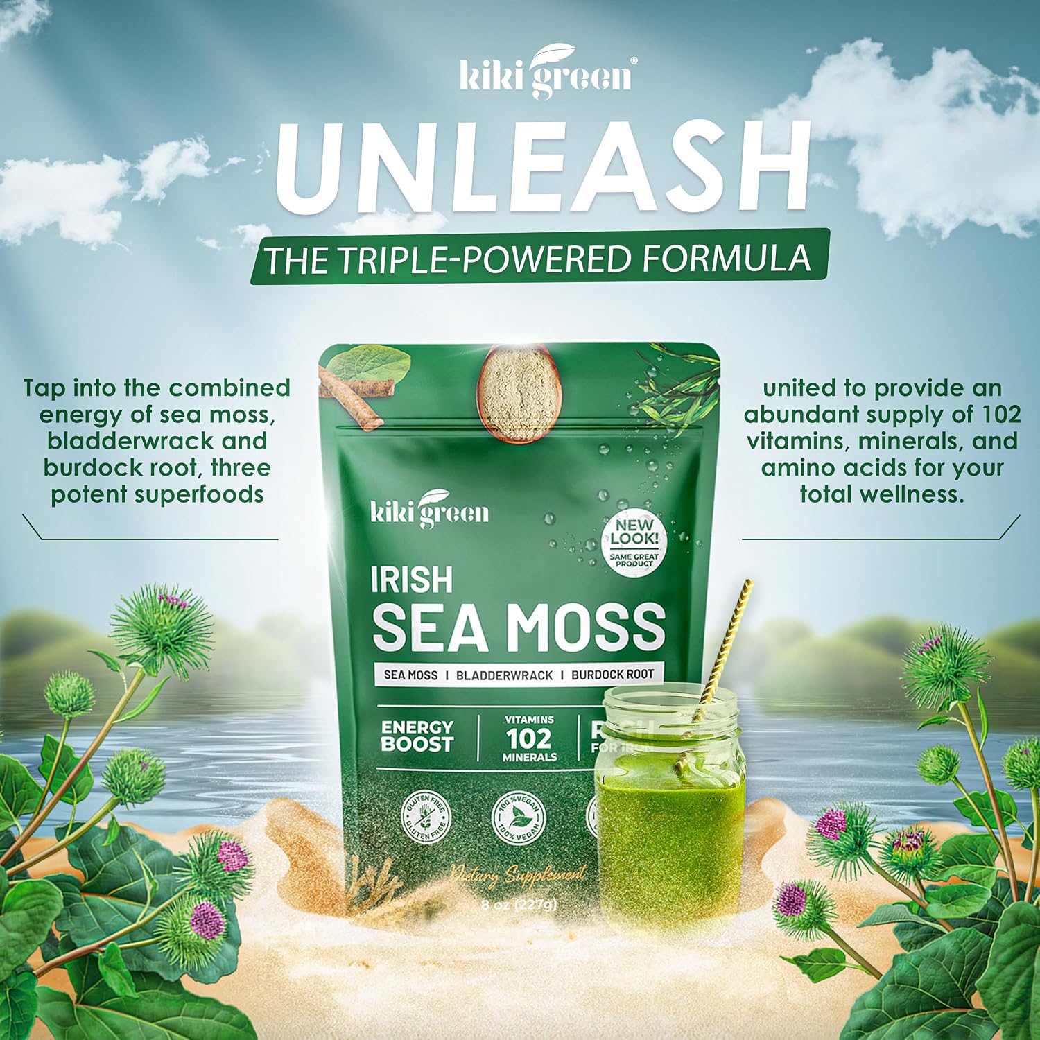 Irish Sea Moss Powder 8 Oz - con Bladderwrack y Burdock Root - Suplemento Vegano y Sin Gluten