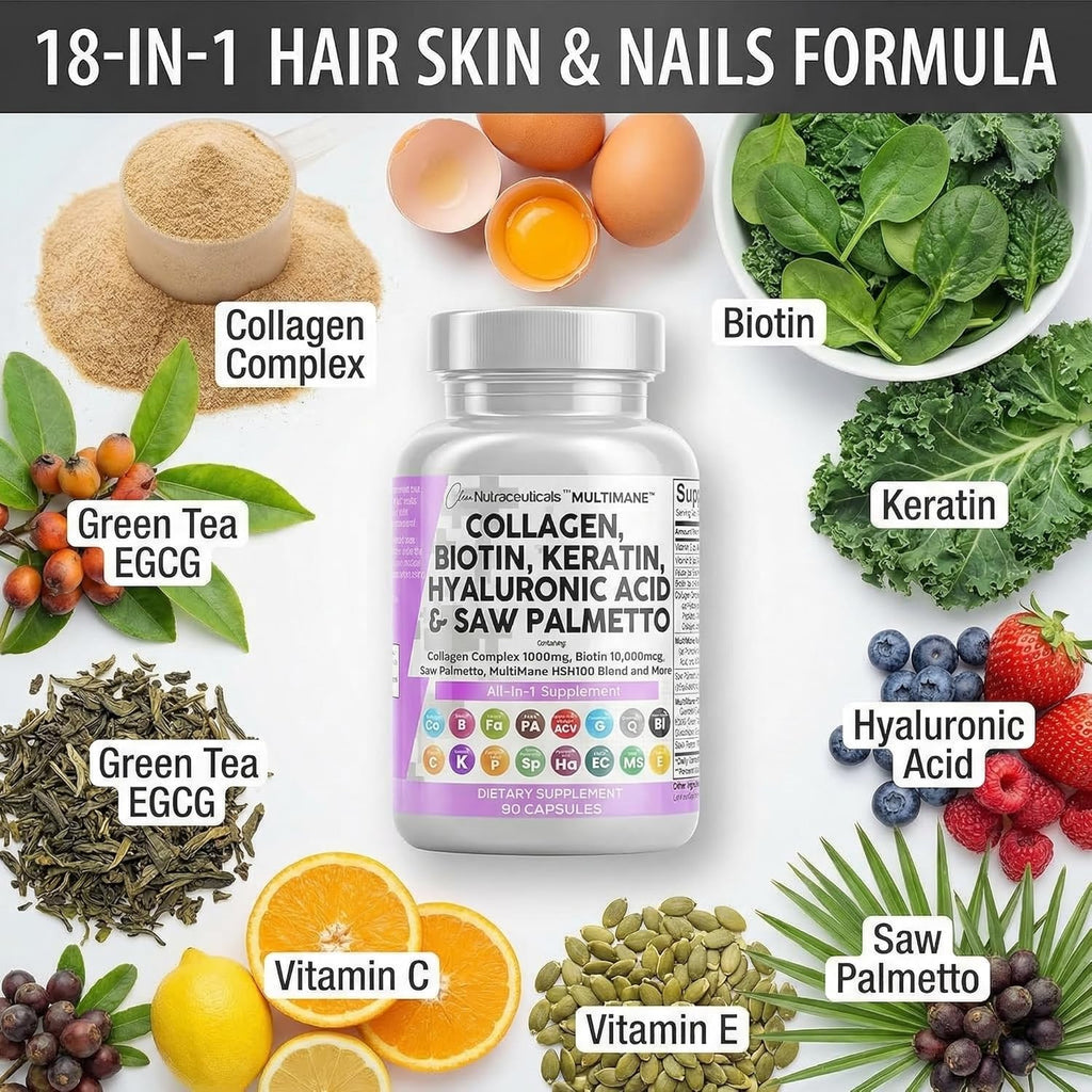 Clean Nutraceuticals Colágeno con Biotina 10000mcg, Queratina, Saw Palmetto, Ácido Hialurónico - 90 Cápsulas