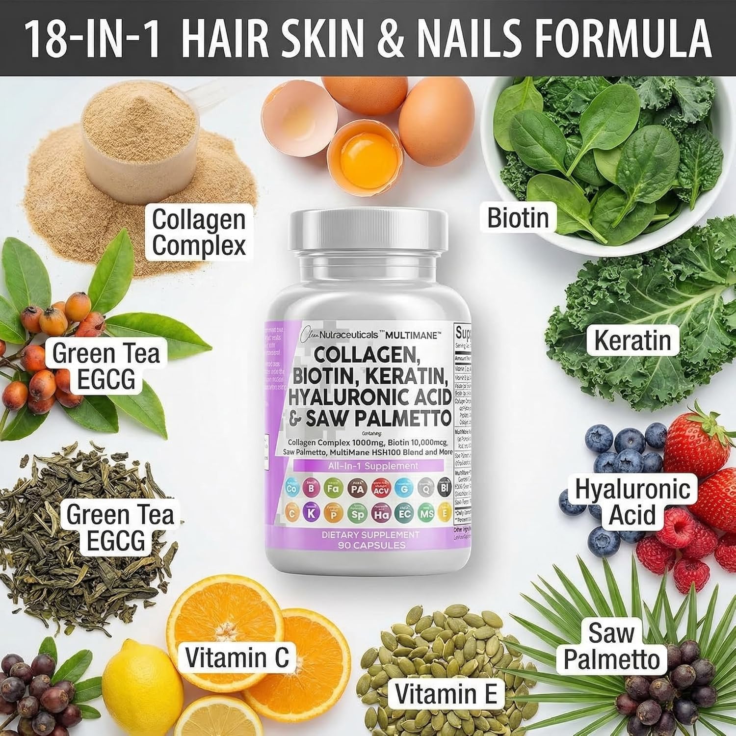 Clean Nutraceuticals Colágeno con Biotina 10000mcg, Queratina, Saw Palmetto, Ácido Hialurónico - 90 Cápsulas