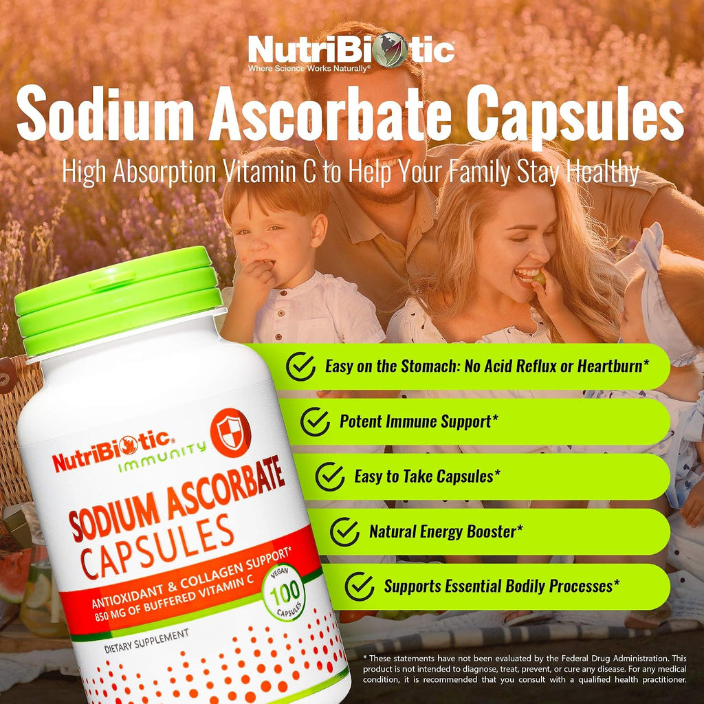 NutriBiotic Ascorbato Sódico Vitamina C Tamponada, 100 Cápsulas