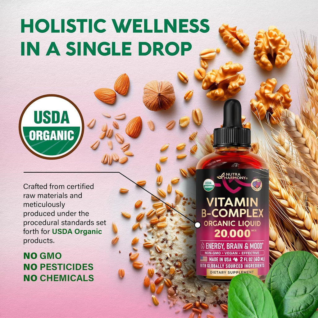 Complejo de Vitamina B Orgánico USDA - B5 Ácido Pantoténico, B12 Metilcobalamina, B1 Tiamina, B6 Piridoxina, B7 Biotina, B9 Fólico, B3 Niacinamida - Gotas Líquidas con Sabor a Baya Natural, 59 ml