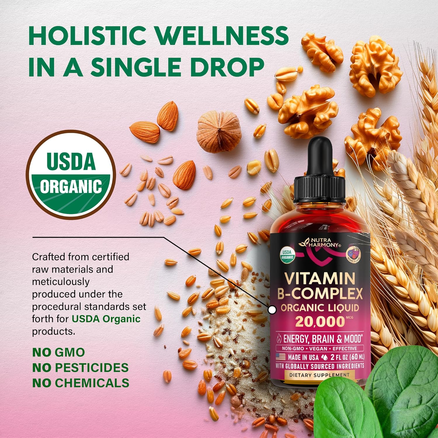 Complejo de Vitamina B Orgánico USDA - B5 Ácido Pantoténico, B12 Metilcobalamina, B1 Tiamina, B6 Piridoxina, B7 Biotina, B9 Fólico, B3 Niacinamida - Gotas Líquidas con Sabor a Baya Natural, 59 ml
