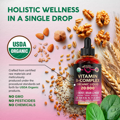 Complejo de Vitamina B Orgánico USDA - B5 Ácido Pantoténico, B12 Metilcobalamina, B1 Tiamina, B6 Piridoxina, B7 Biotina, B9 Fólico, B3 Niacinamida - Gotas Líquidas con Sabor a Baya Natural, 59 ml