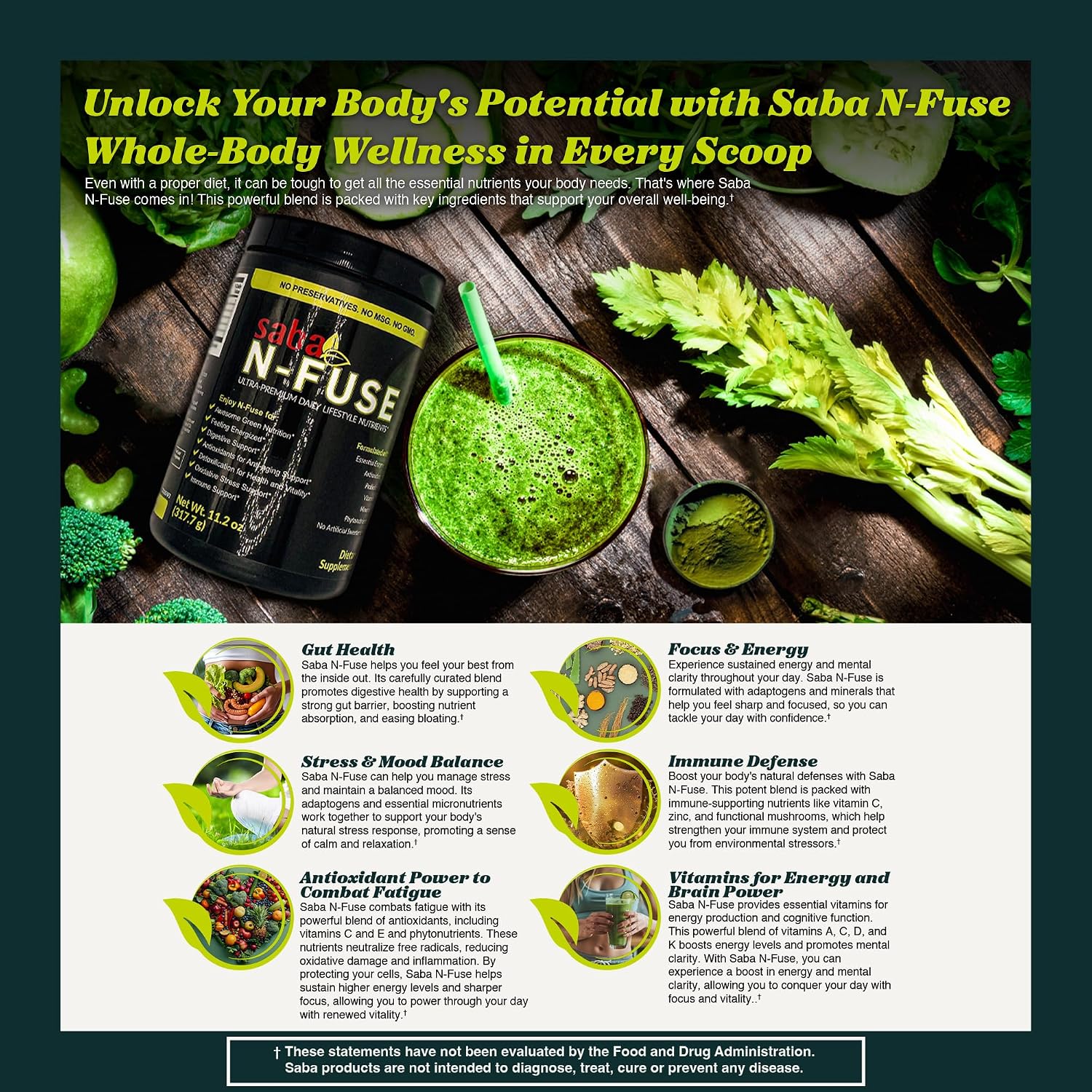 Saba N-Fuse Super Greens Powder – 50+ Superalimentos, Probióticos, Enzimas Digestivas y Adaptógenos