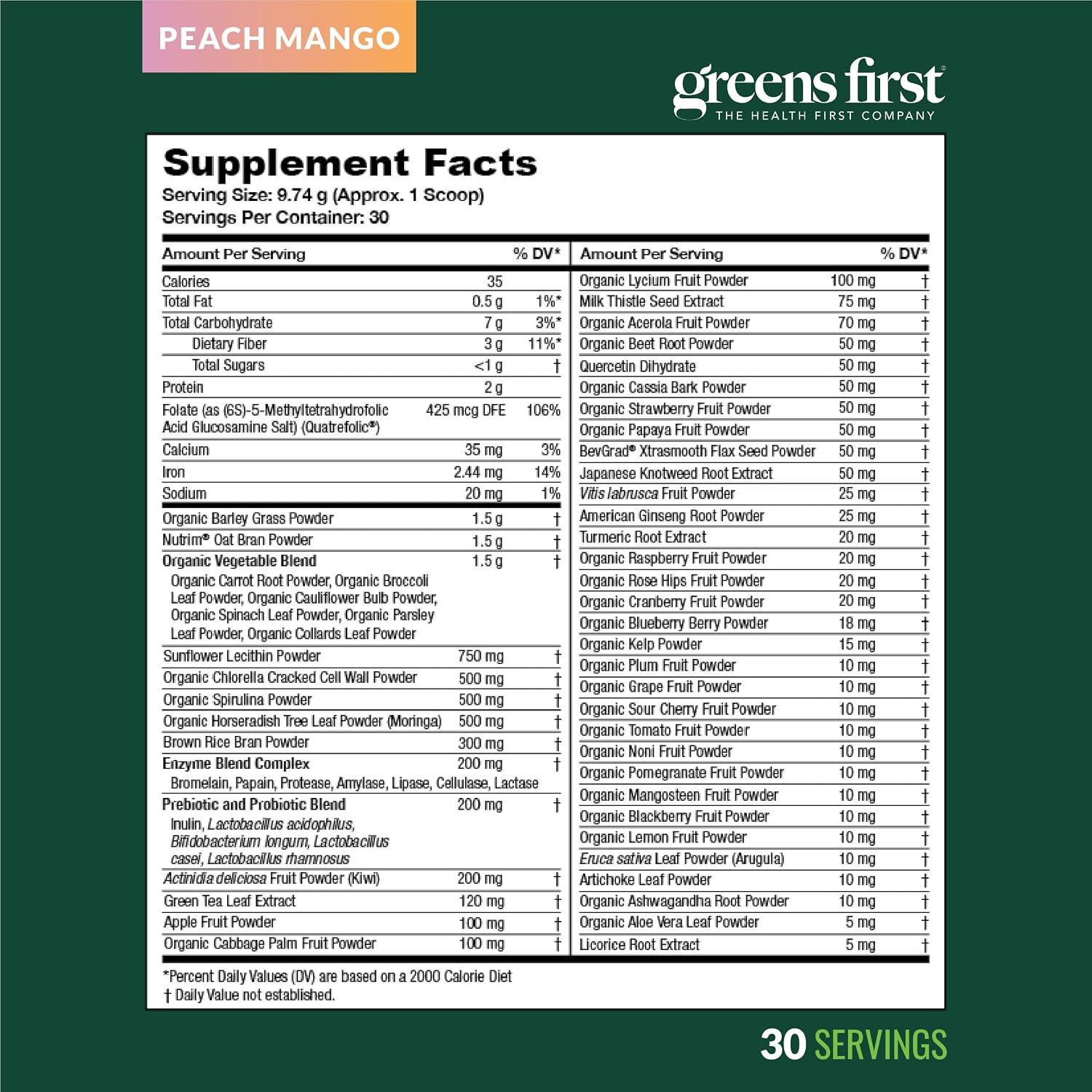 Greens First Original Greens Powder - 49 Superalimentos Orgánicos - Sabor Mango Melocotón - 30 Porciones