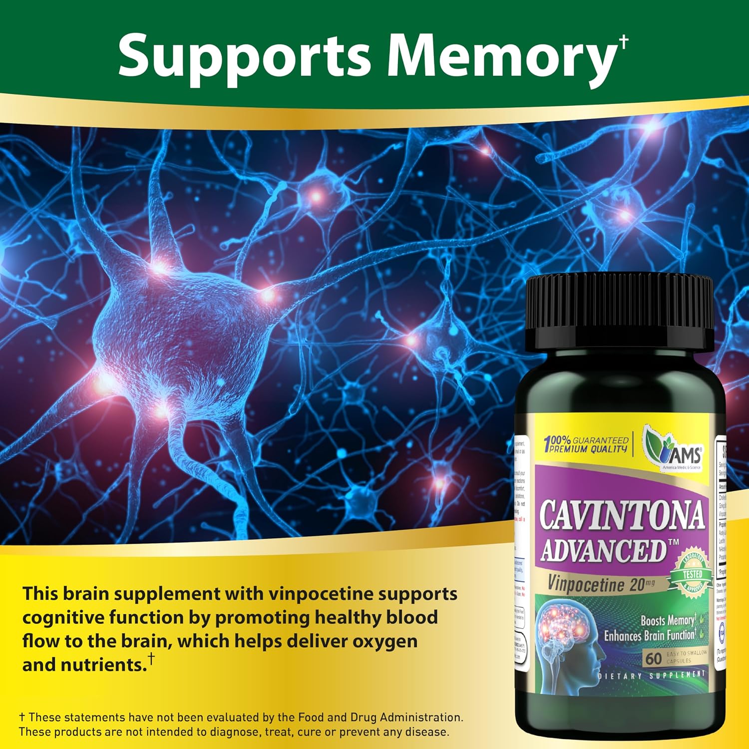 America Medic & Science Cavintona Advanced Supplement – Vinpocetina 20mg – 60 Cápsulas