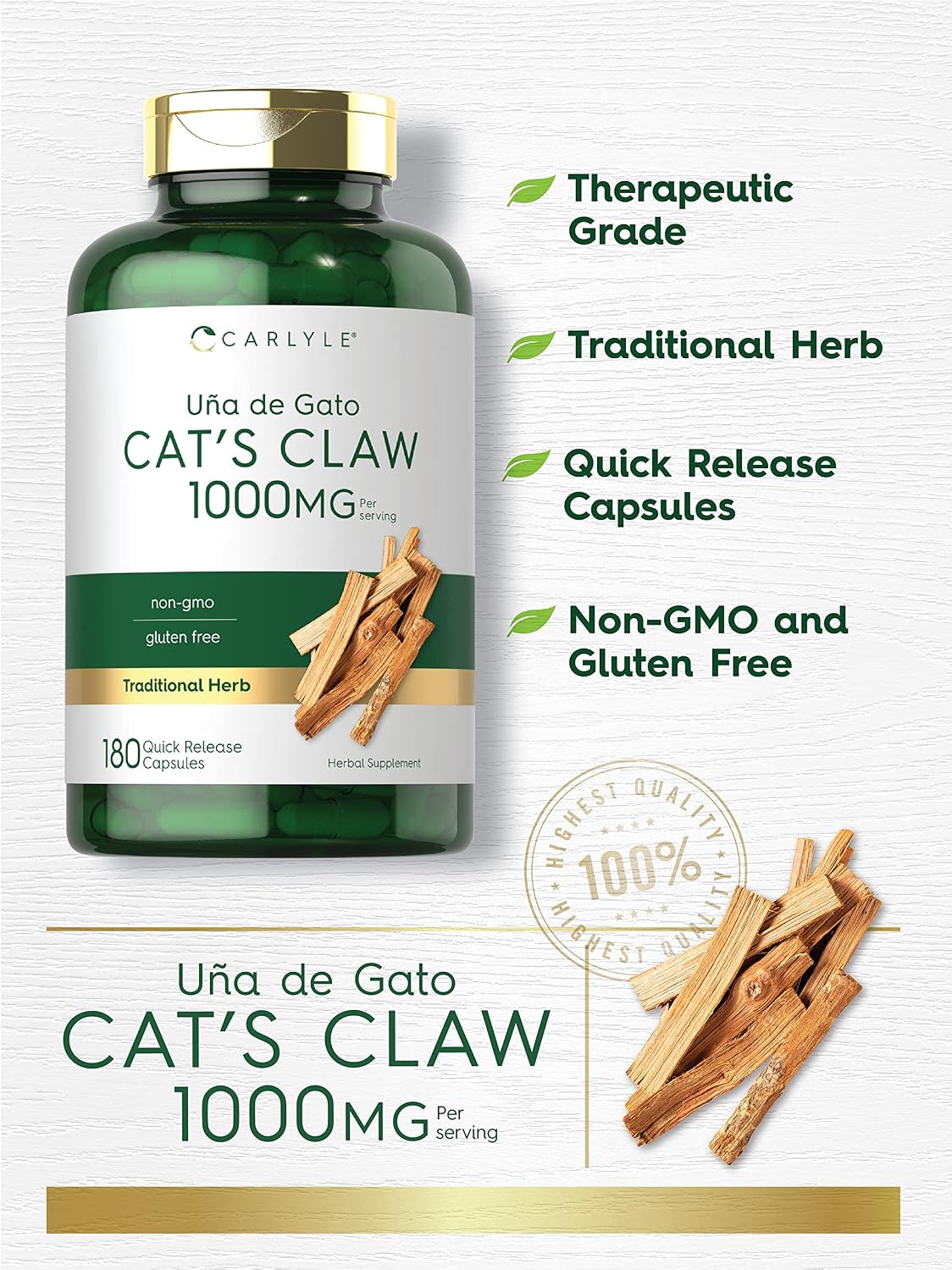 Carlyle Uña de Gato Cápsulas 1000mg | 180 Cápsulas | Uncaria Tomentosa | No OGM, Sin Gluten