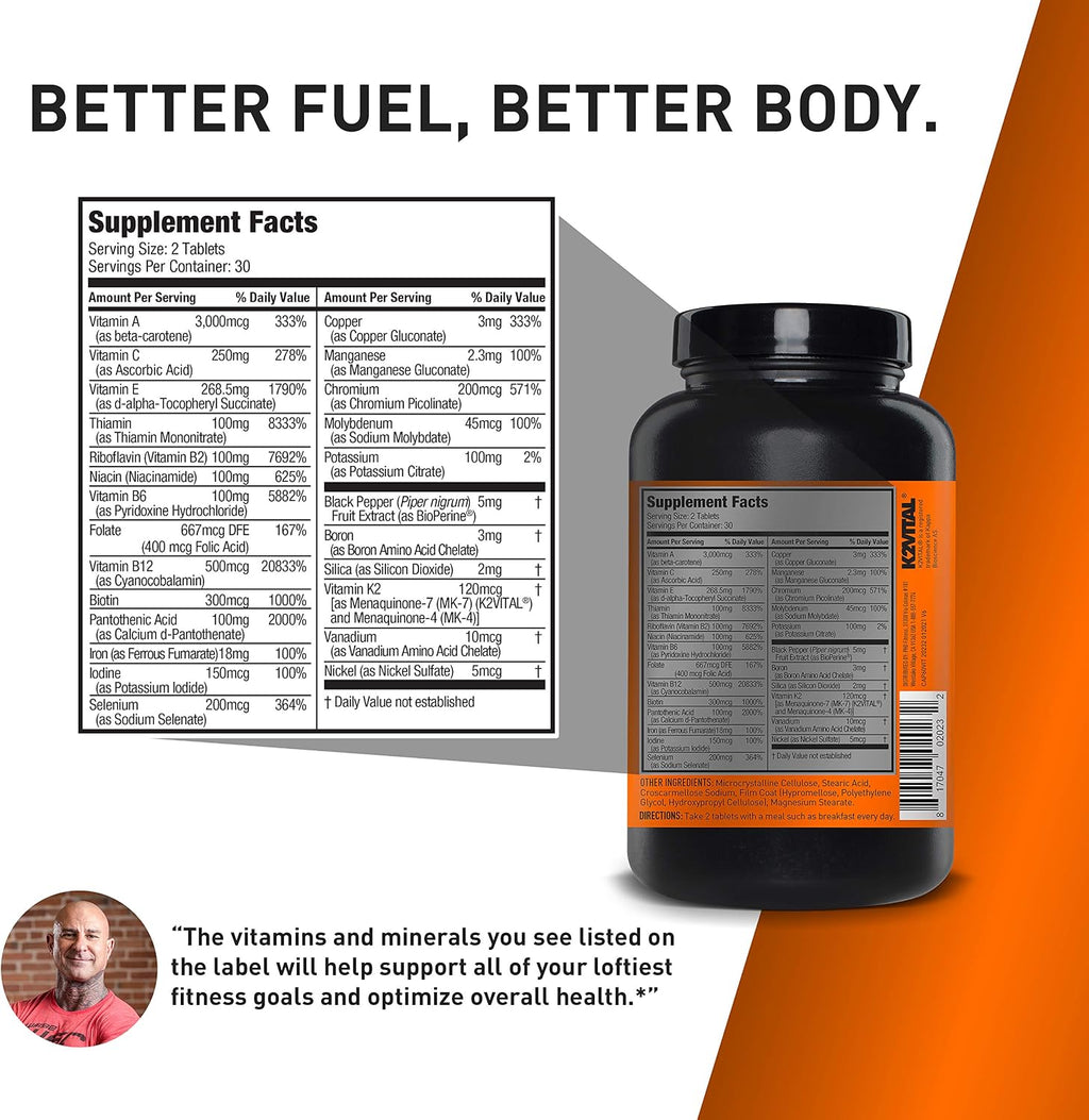 Vita JYM Multivitamínico y Mineral Diario para Hombres y Mujeres - Complejo Vitamínico con Hierro, A, C, B6, B12, E, K2, Boro, Biotina, Potasio y Más - 60 Comprimidos