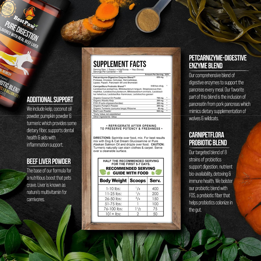 Pure Digestion Probiotics and Digestive Enzymes for Dogs and Cats - Beef Liver Flavor - 16 oz