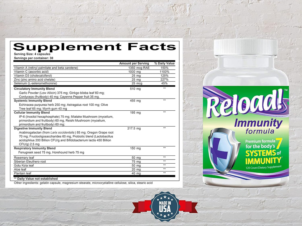 Reload! Immunity - Complejo Multivitamínico con Echinacea, Vitaminas A, C, D, Zinc, Selenio, Ginkgo, Aloe, Probiótico/Prebiótico, Fenogreco - 120 Cápsulas, 30 Días