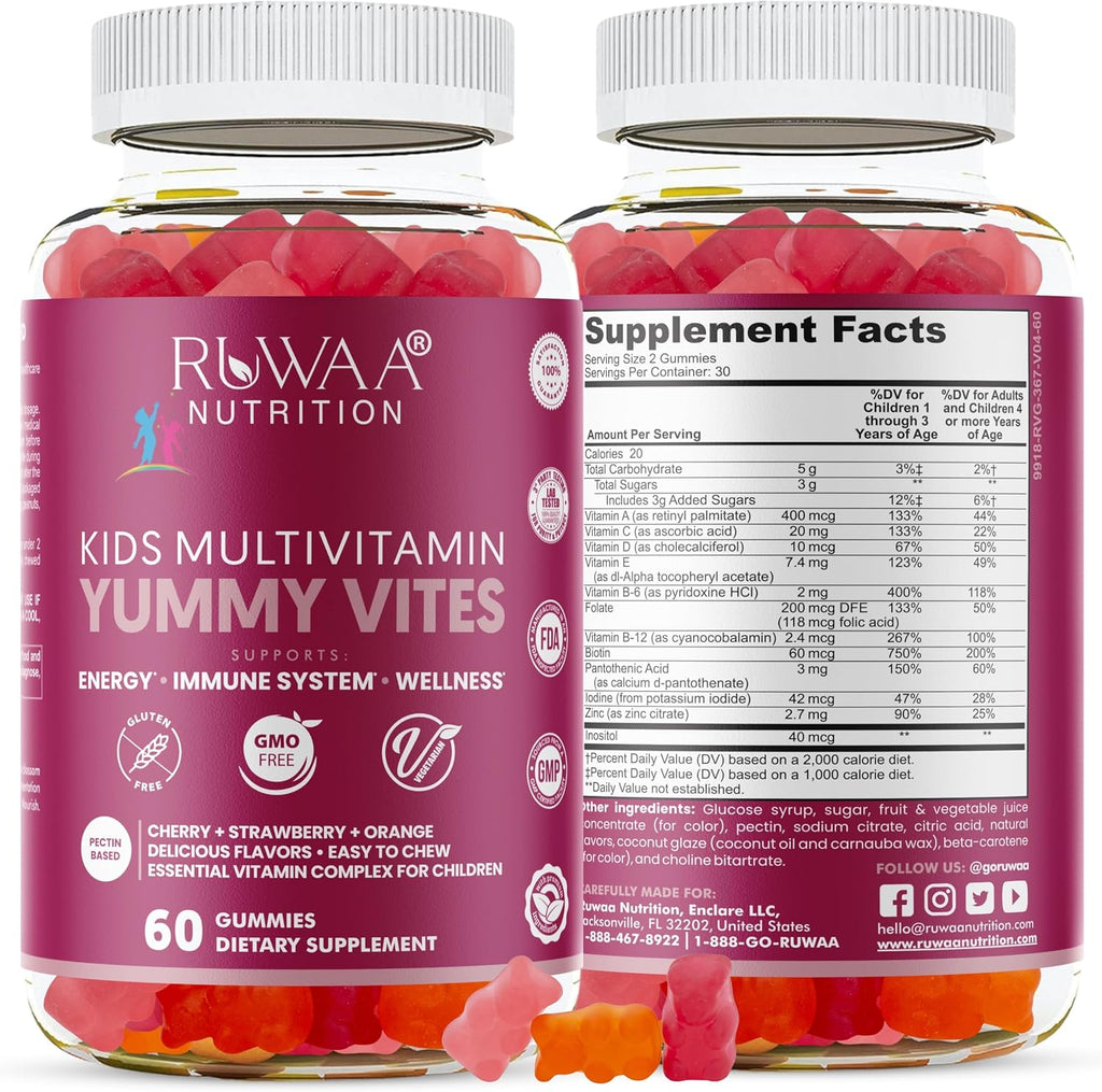RUWAA NUTRITION Multivitamínico Infantil en Gominolas - 60 gominolas sabor fresa, cereza y naranja