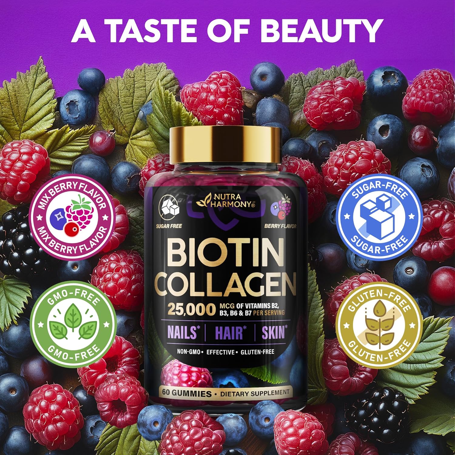 Gomitas de Biotina con Colágeno, 10000mcg, Sin Azúcar, 60 Gomitas