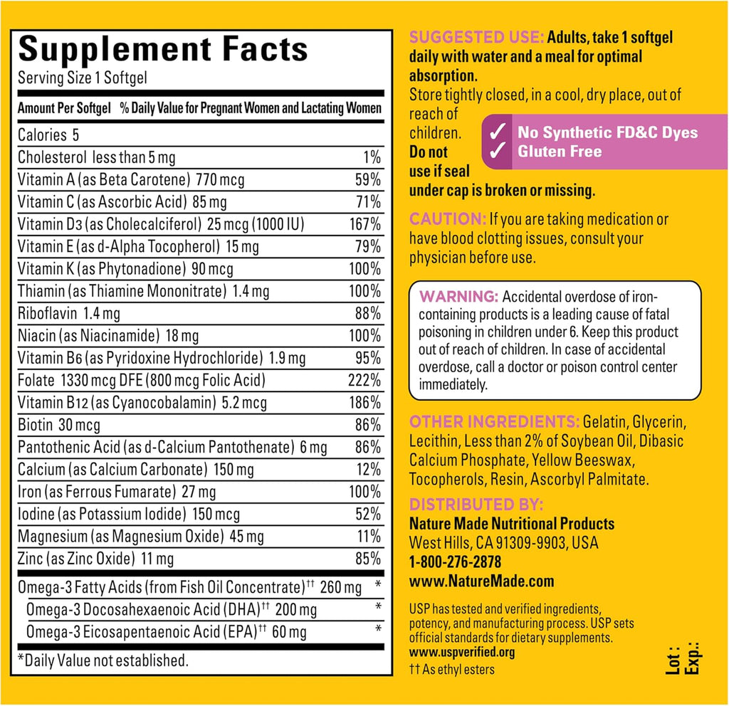 Nature Made Prenatal Vitamin + DHA Softgel con Ácido Fólico, Yodo y Zinc, 90 Cápsulas