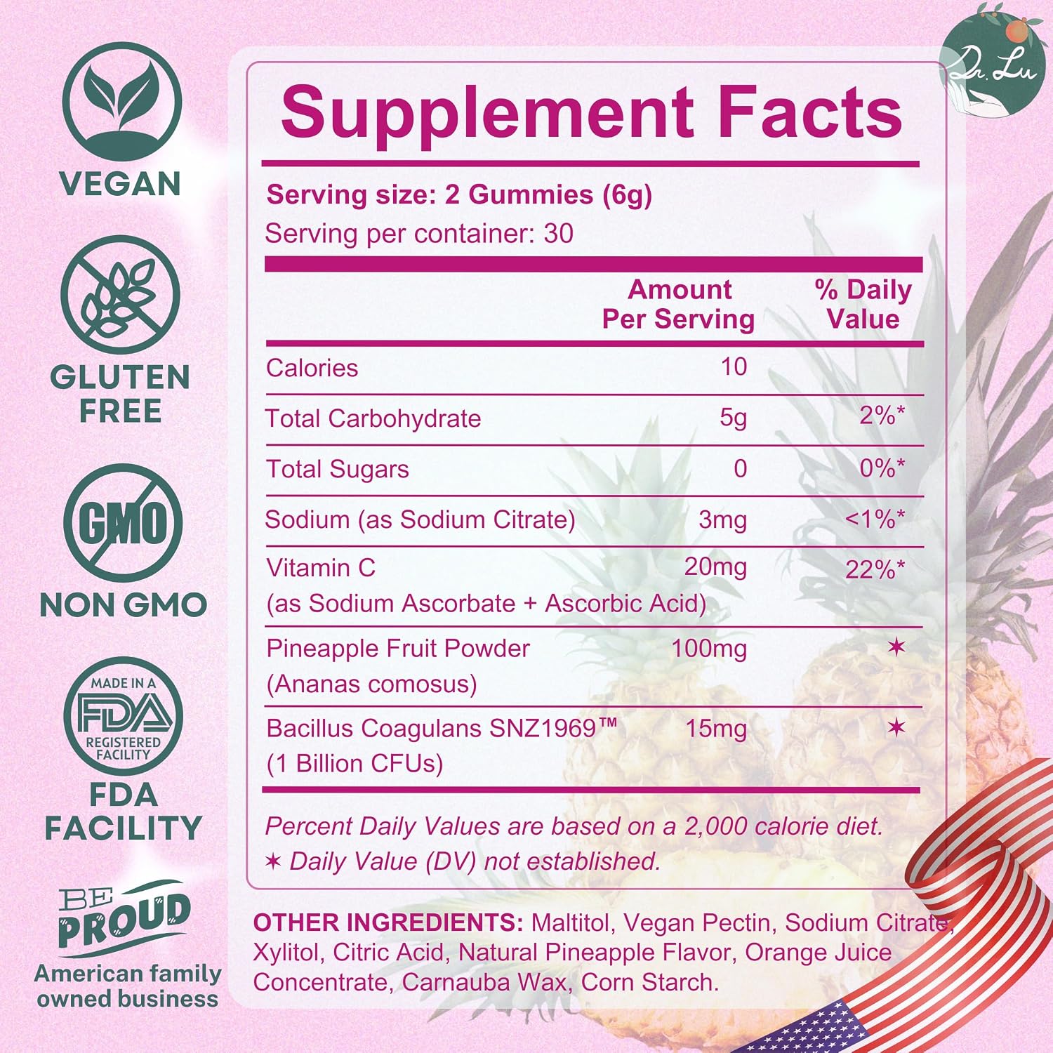 Dr. Lu Happy Girl Gominolas para el Equilibrio Femenino | Sabor a Piña con Probióticos | Sin Azúcar, Vegano - 60 Unidades
