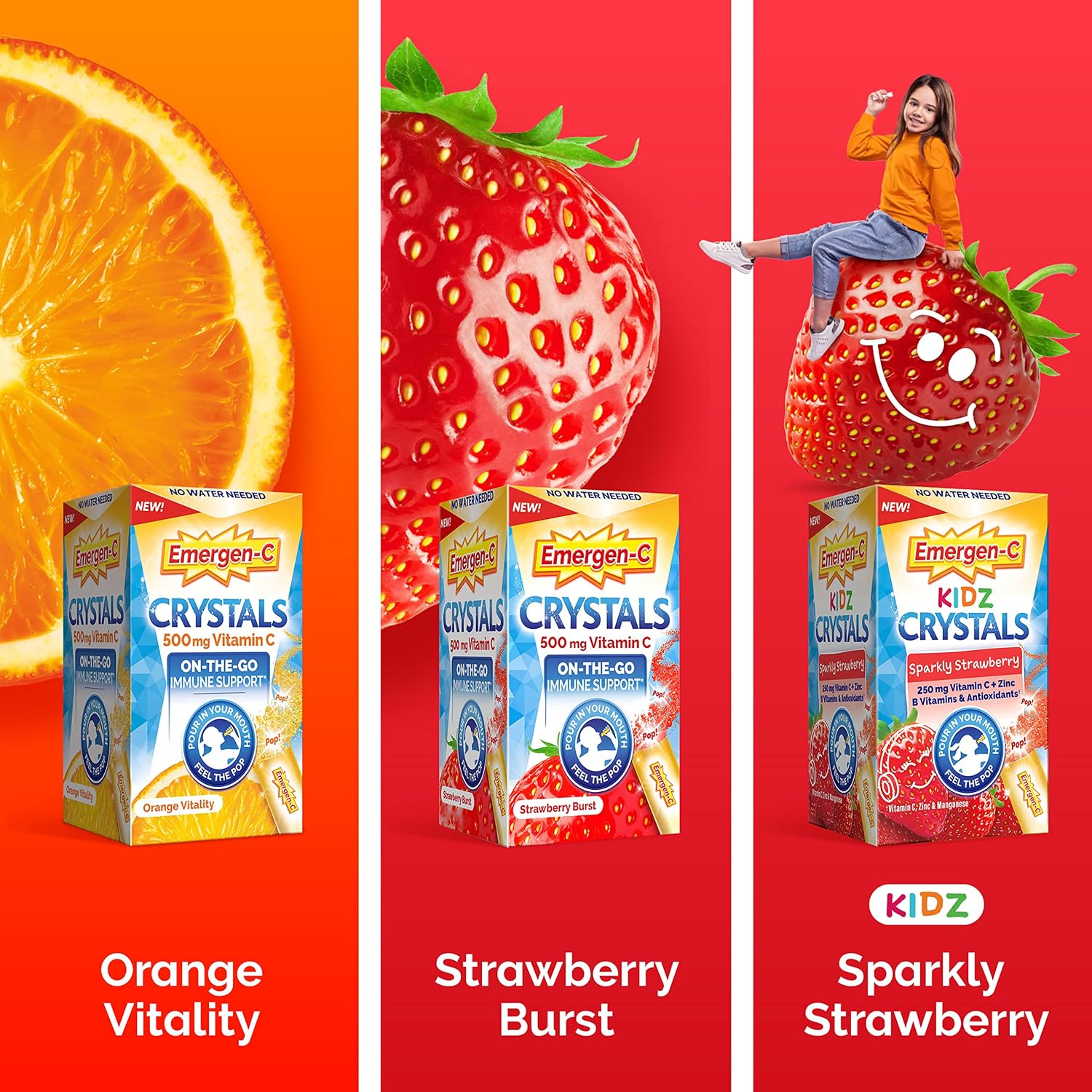 Emergen-C Crystals, On-the-Go, Suplemento de Vitamina C con Vitaminas B, Zinc y Manganeso, Sabor Naranja Vitalidad - 28 Sobres