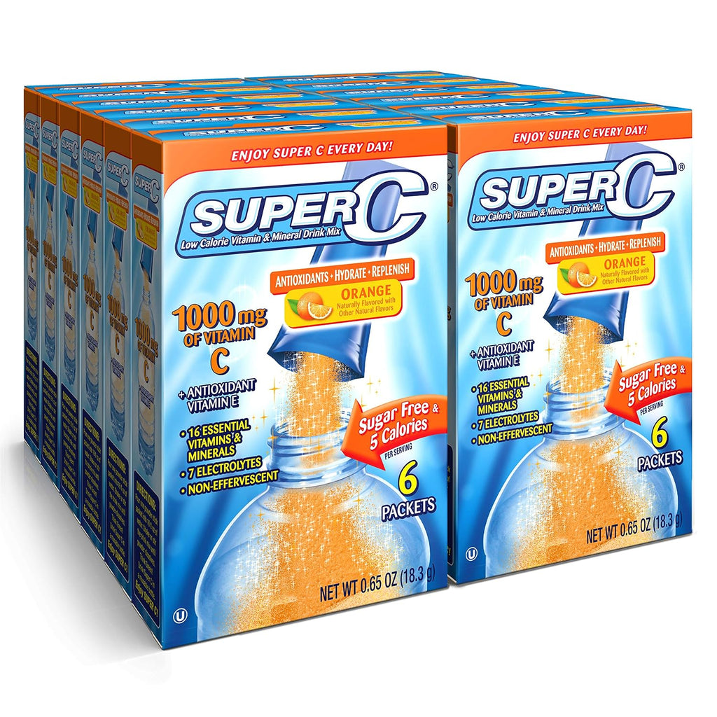Super C Vitamina y Mineral Bebida en Polvo, Naranja, 6 Sobres por Caja, Paquete de 12 (72 Sobres en Total)