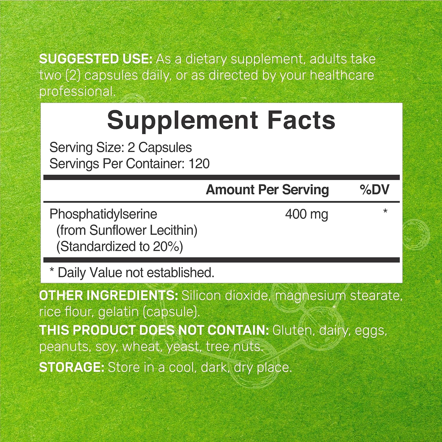 Fosfatidilserina 400mg, 240 Cápsulas – Lecitina de Girasol Sin Soja
