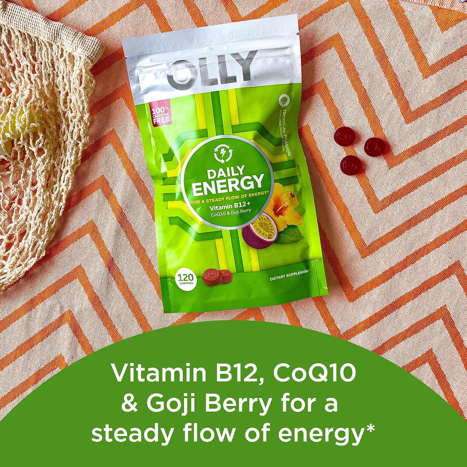 OLLY Daily Energy Gominolas de Vitamina B12, CoQ10 y Goji Berry, Sin Cafeína, Sabor Tropical - 120 unidades