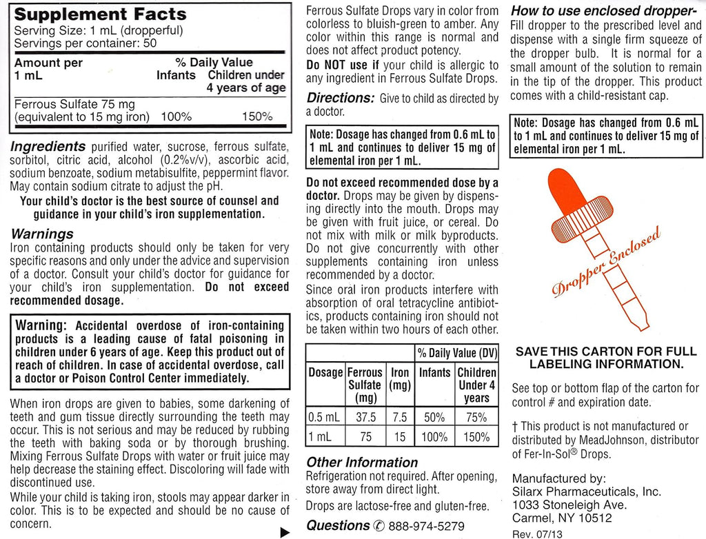 Lannett Ferrous Sulfate Drops 50 ml - Suplemento de Hierro con Sabor a Menta (Pack de 6)