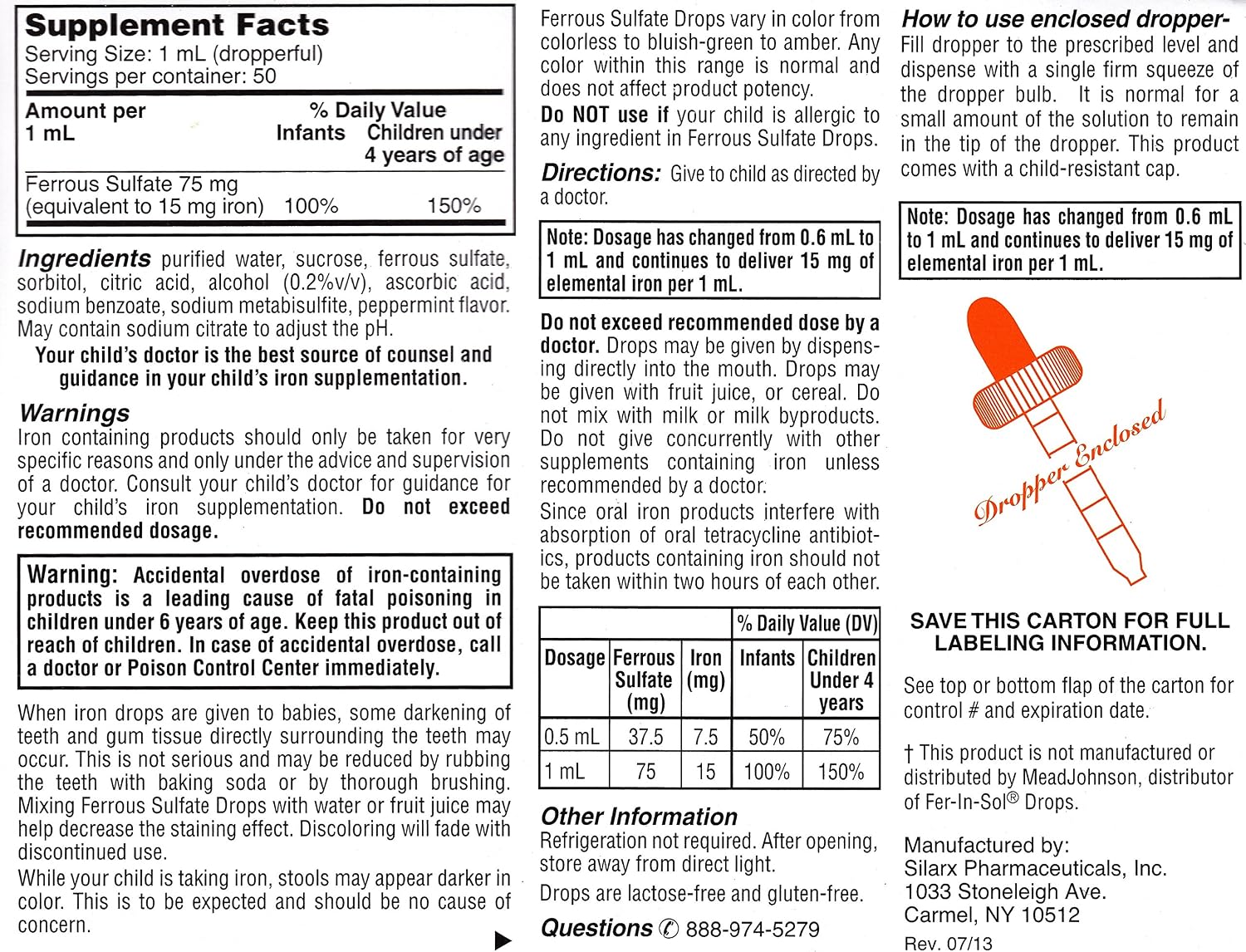 Lannett Ferrous Sulfate Drops 50 ml - Suplemento de Hierro con Sabor a Menta (Pack de 6)