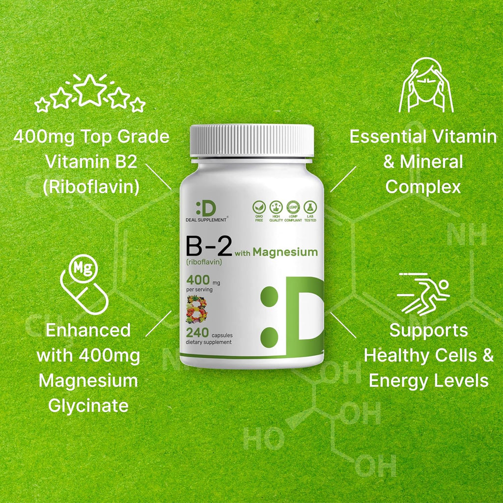 DEAL SUPPLEMENT Vitamina B2 400mg con Magnesio Glicinato 400mg, 240 Cápsulas