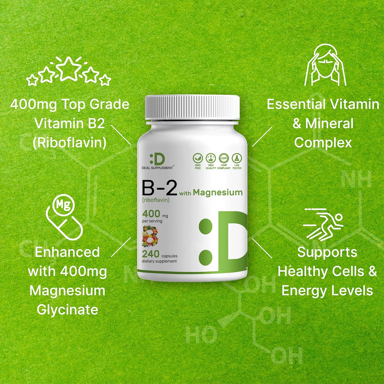 DEAL SUPPLEMENT Vitamina B2 400mg con Magnesio Glicinato 400mg, 240 Cápsulas