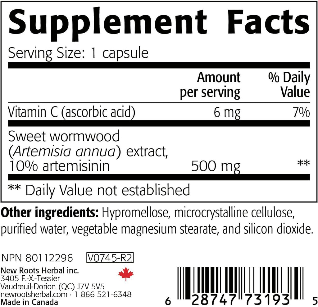 Extracto de Ajenjo Dulce (500 mg) con Vitamina C - 60 Cápsulas Veganas | NEW ROOTS HERBAL