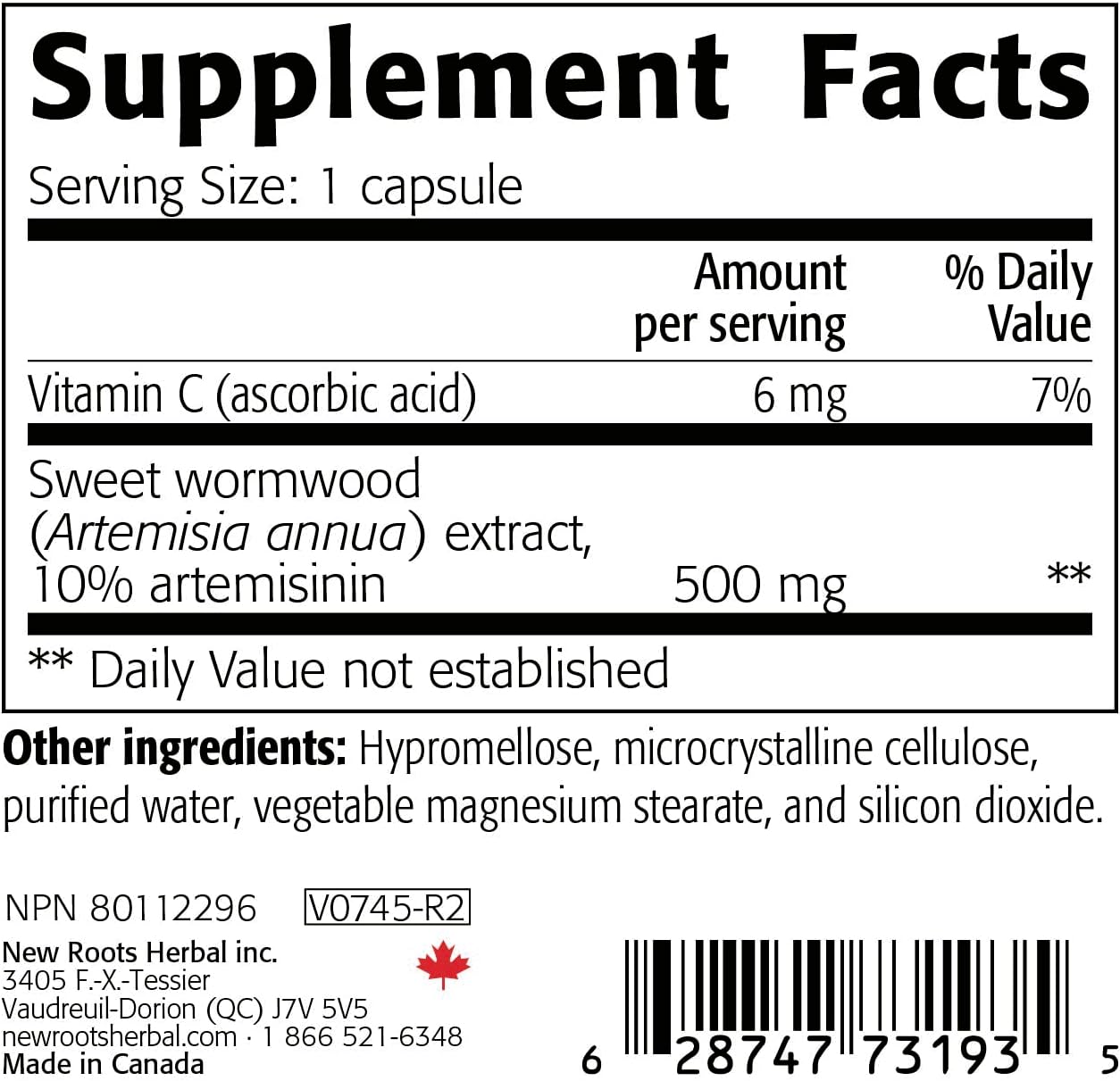 Extracto de Ajenjo Dulce (500 mg) con Vitamina C - 60 Cápsulas Veganas | NEW ROOTS HERBAL