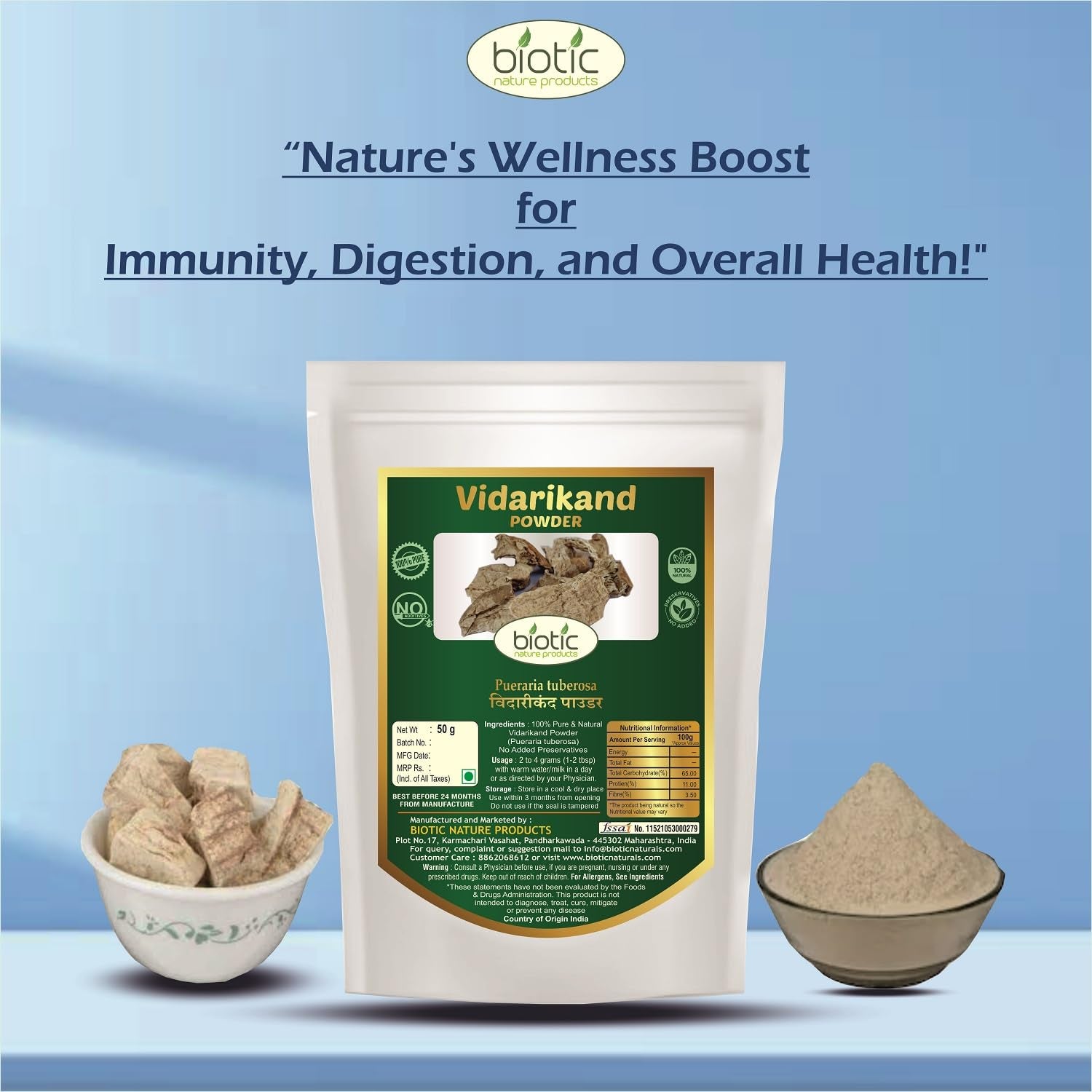 Biotic Mezcla de Polvos Ayurvédicos: Safed Musli, Ashwagandha, Shatavari, Gokhru, Vidarikand y Kaunch – 300g