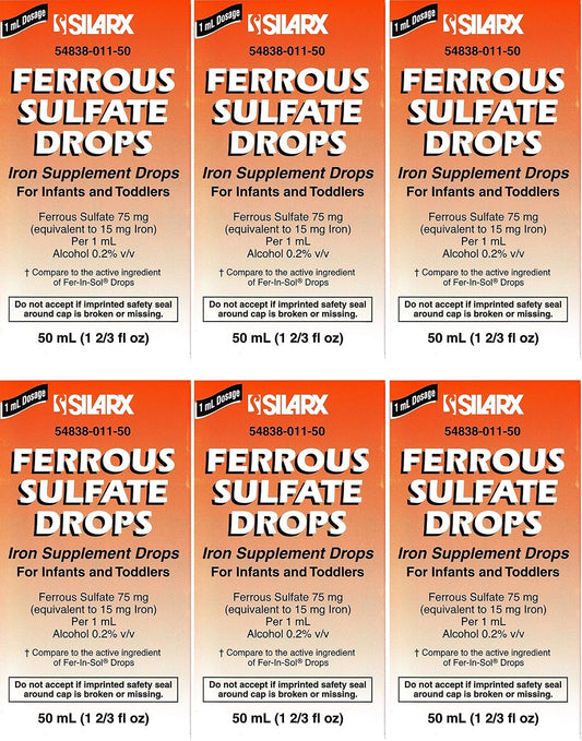 Lannett Ferrous Sulfate Drops 50 ml - Suplemento de Hierro con Sabor a Menta (Pack de 6)