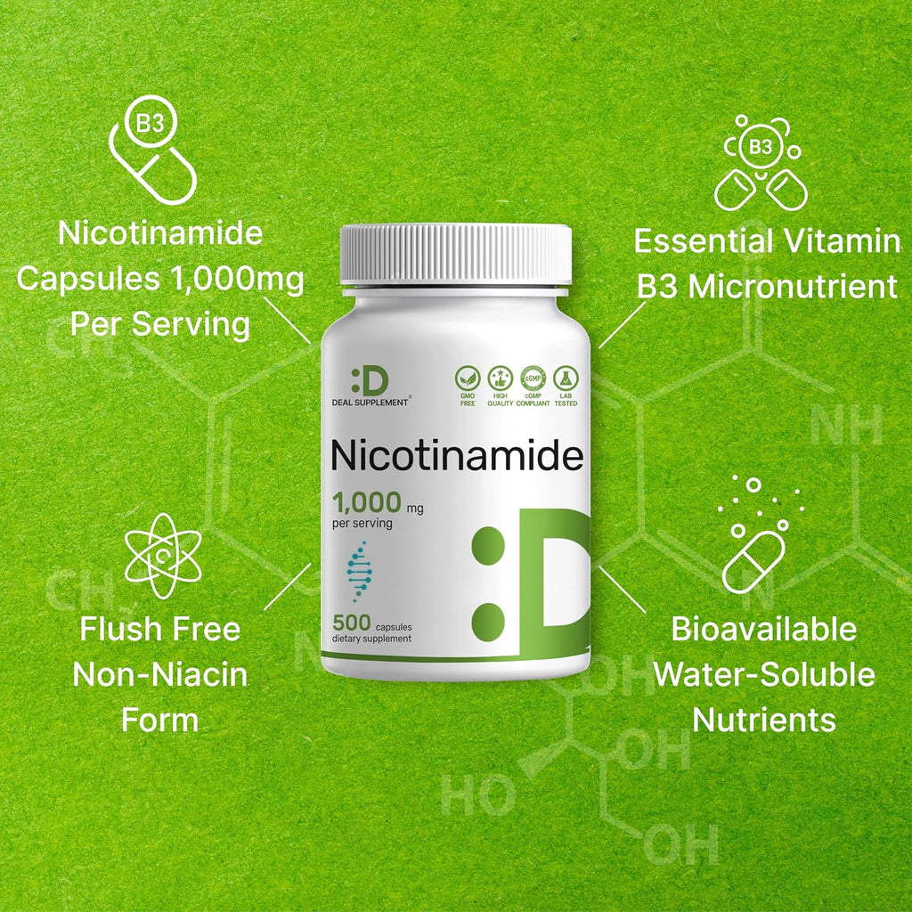 Vitamina B3 Niacinamida 1000 mg - 500 Cápsulas - Sin Rubor