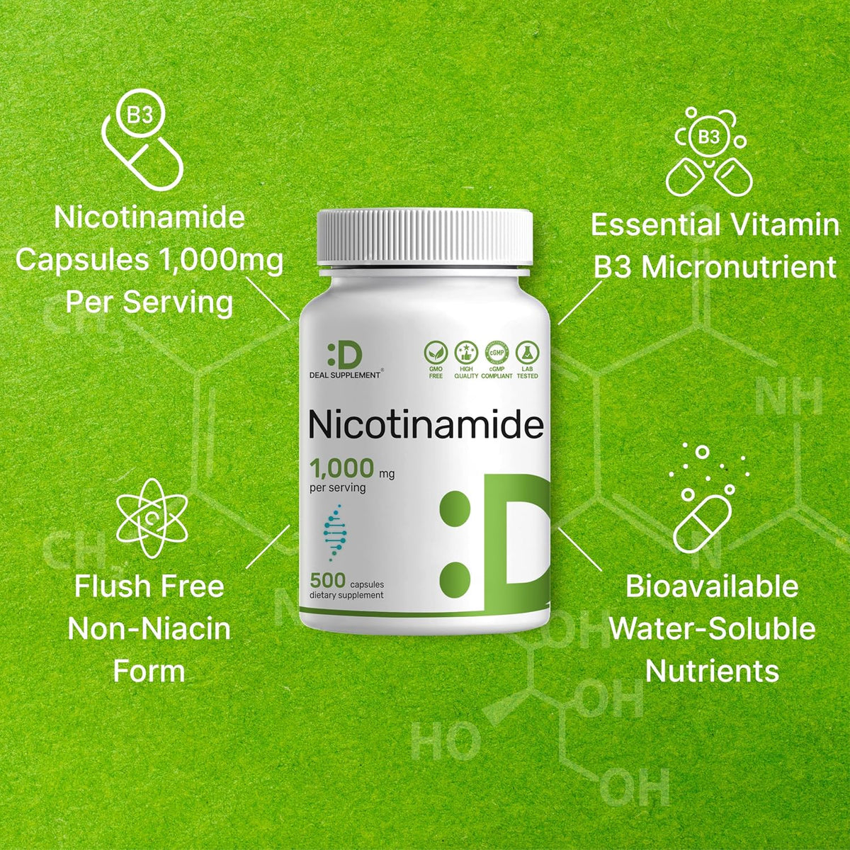 Vitamina B3 Niacinamida 1000 mg - 500 Cápsulas - Sin Rubor – Image 4