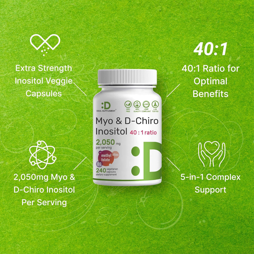 Myo-Inositol & D-Chiro Inositol 40:1 | 2,050mg por ración | 240 Cápsulas Veganas con Folato, Vitamina D3 y Vitex