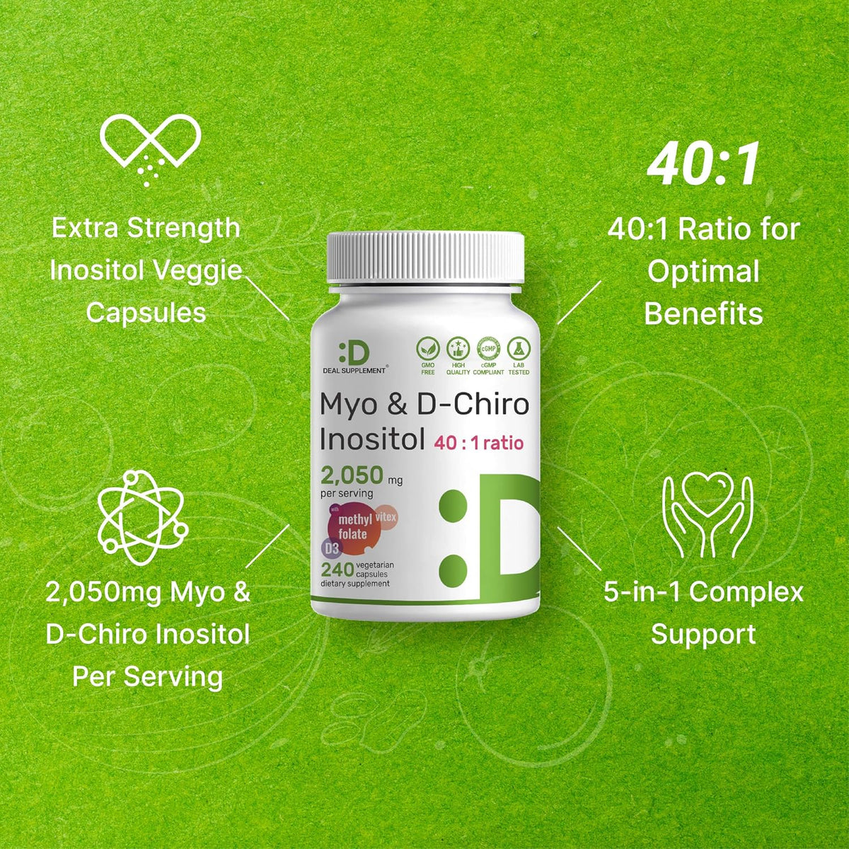 Myo-Inositol & D-Chiro Inositol 40:1 | 2,050mg por ración | 240 Cápsulas Veganas con Folato, Vitamina D3 y Vitex – Image 4