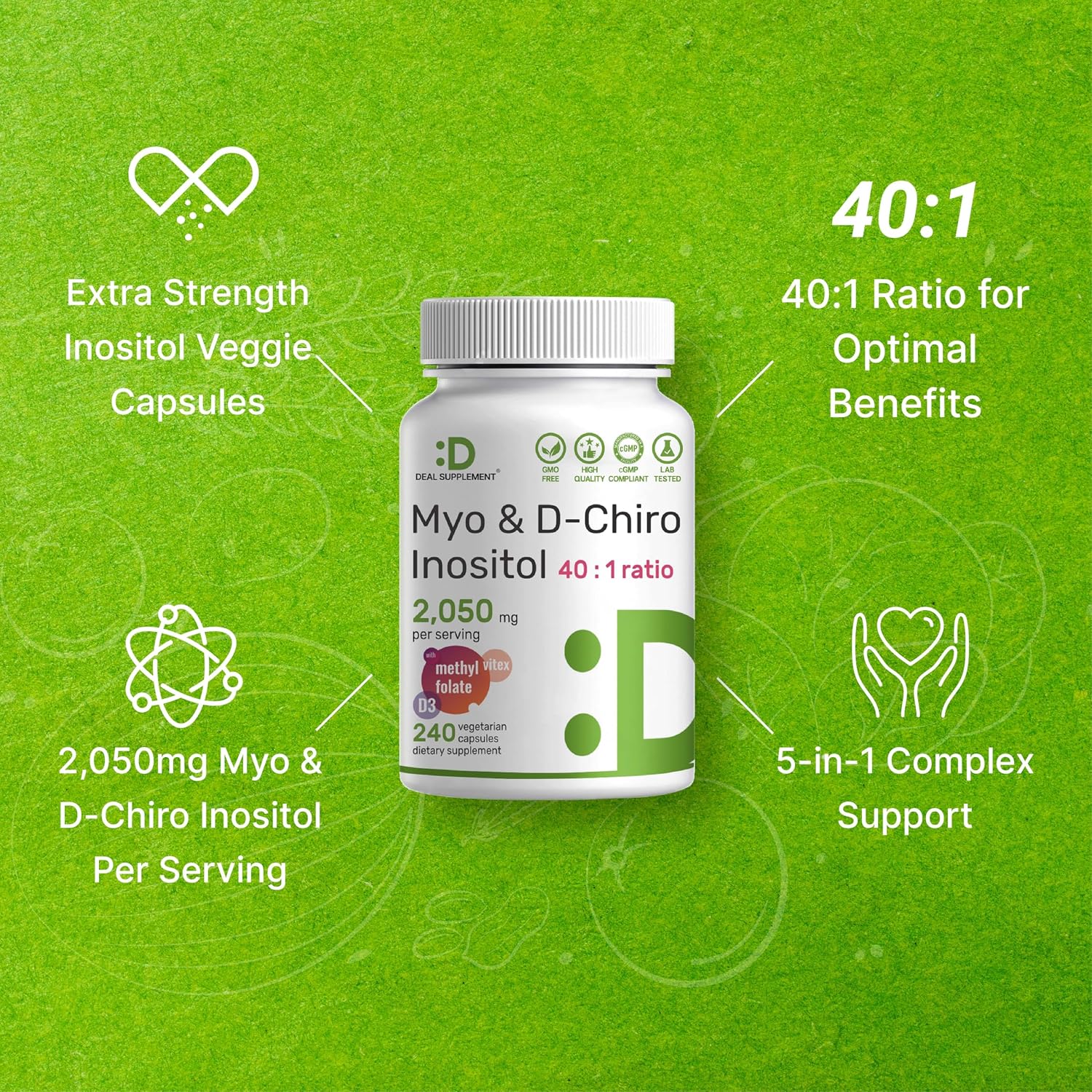 Myo-Inositol & D-Chiro Inositol 40:1 | 2,050mg por ración | 240 Cápsulas Veganas con Folato, Vitamina D3 y Vitex